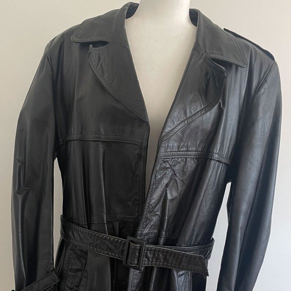 Vintage Oleg Cassini Men's Black Leather Trench Coat - Picture 1 of 11